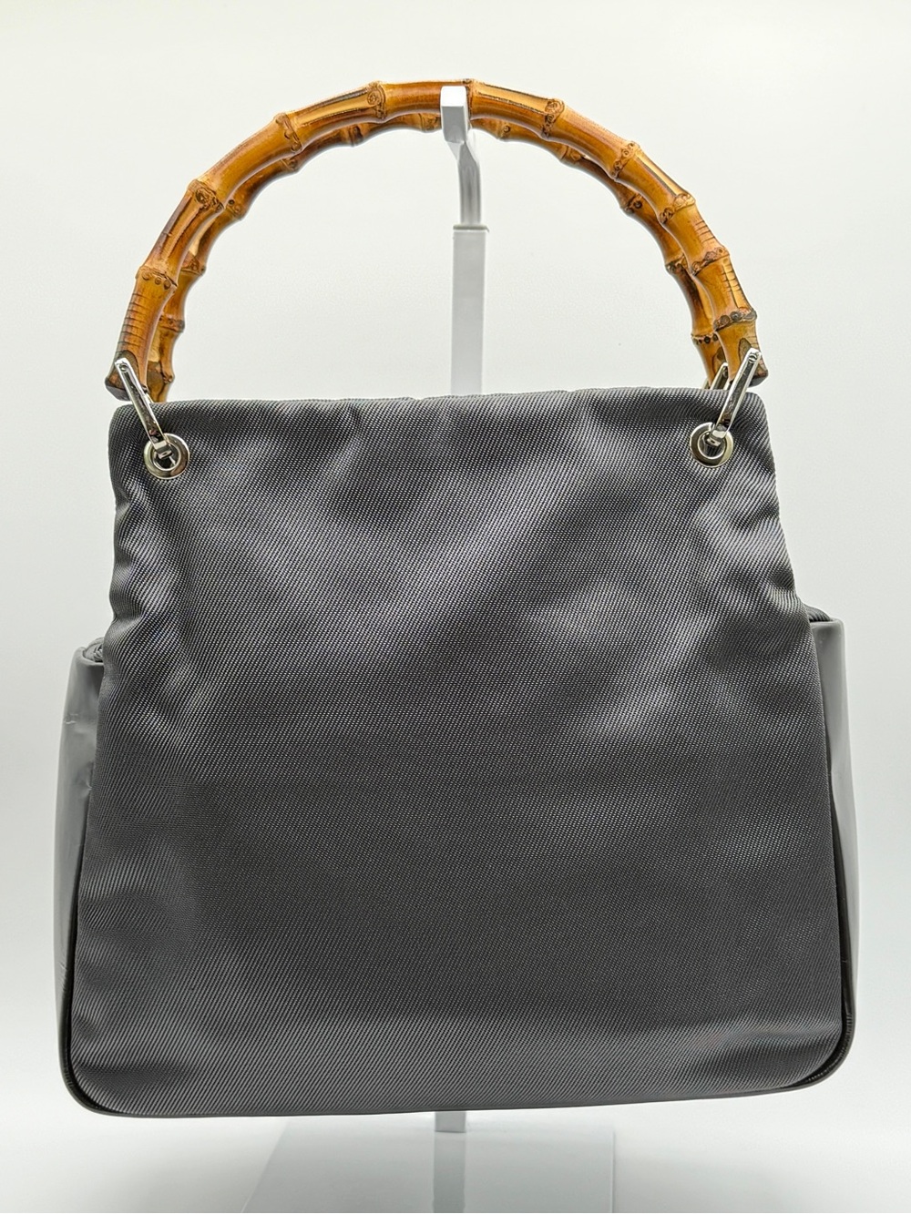 VINTAGE 90s GUCCI Muted Metallic Black Nylon Bamboo Tote Bag- Model 000-1014.